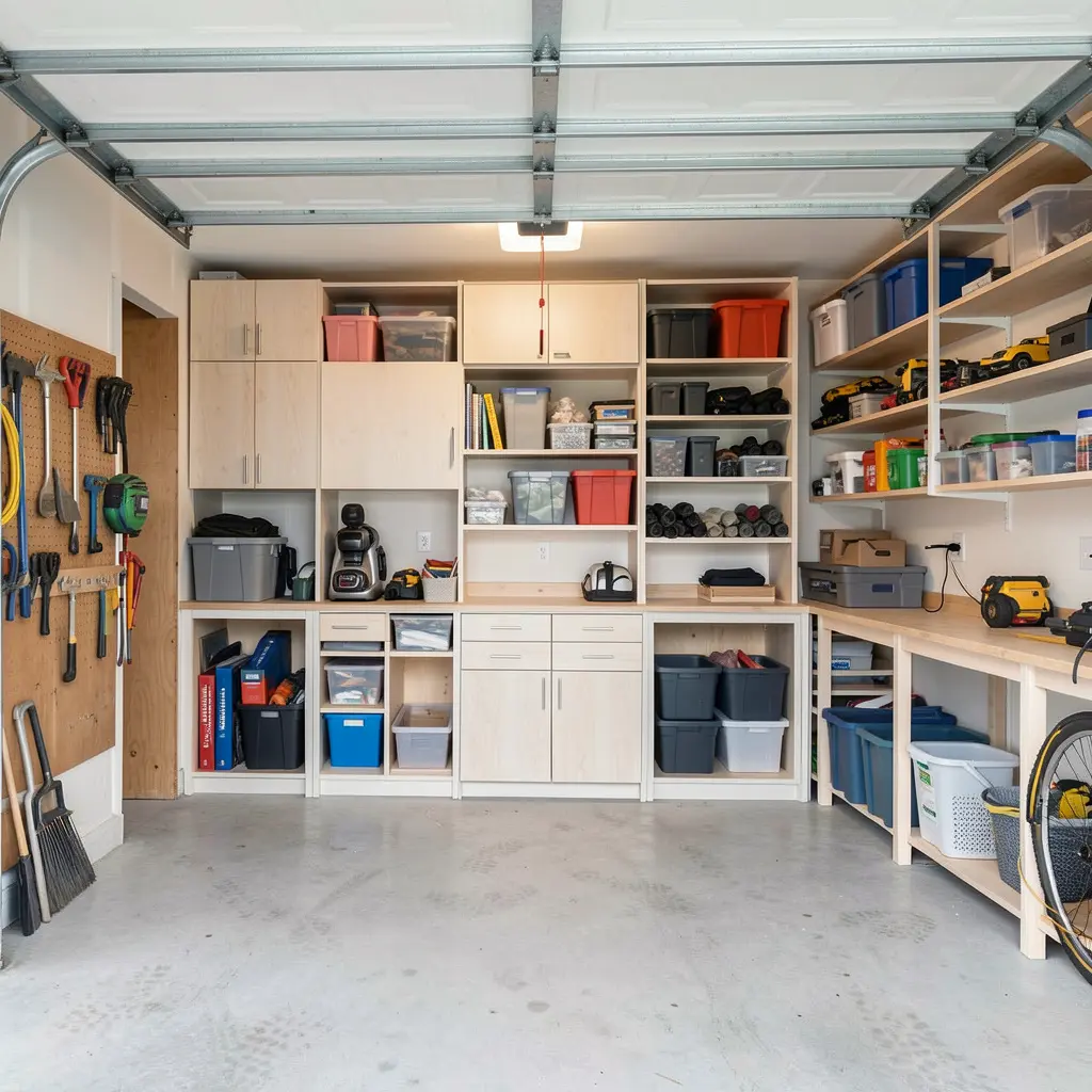 Professionally organized garage with custom storage systems